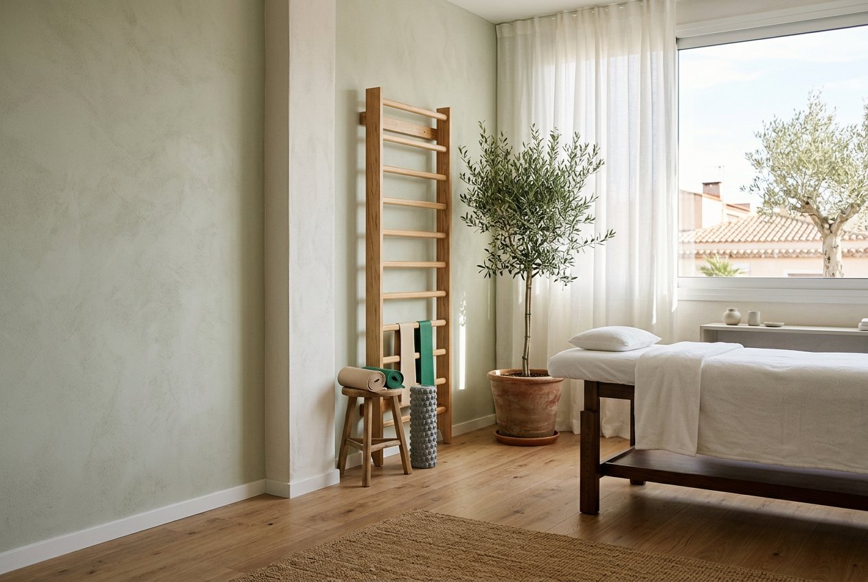 A calm, sunlit treatment room with an olive tree and a wall bar